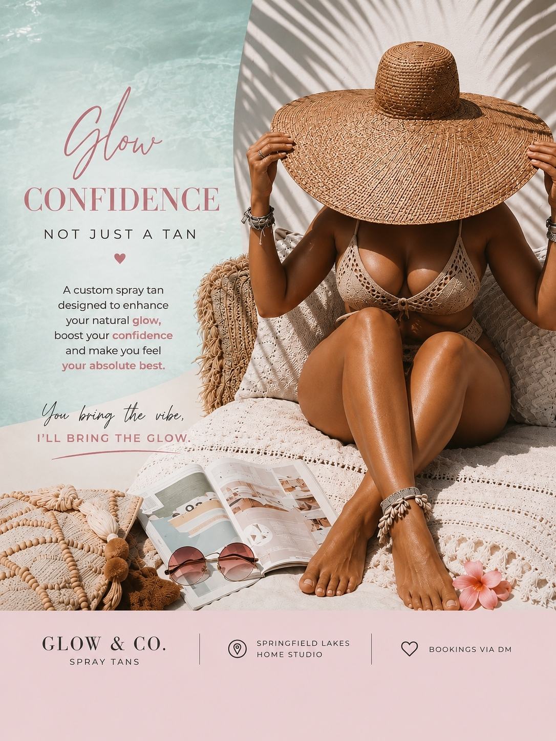 A woman relaxing in a sunhat in the warm coastal setting of Steph’s Glow and Co campaign