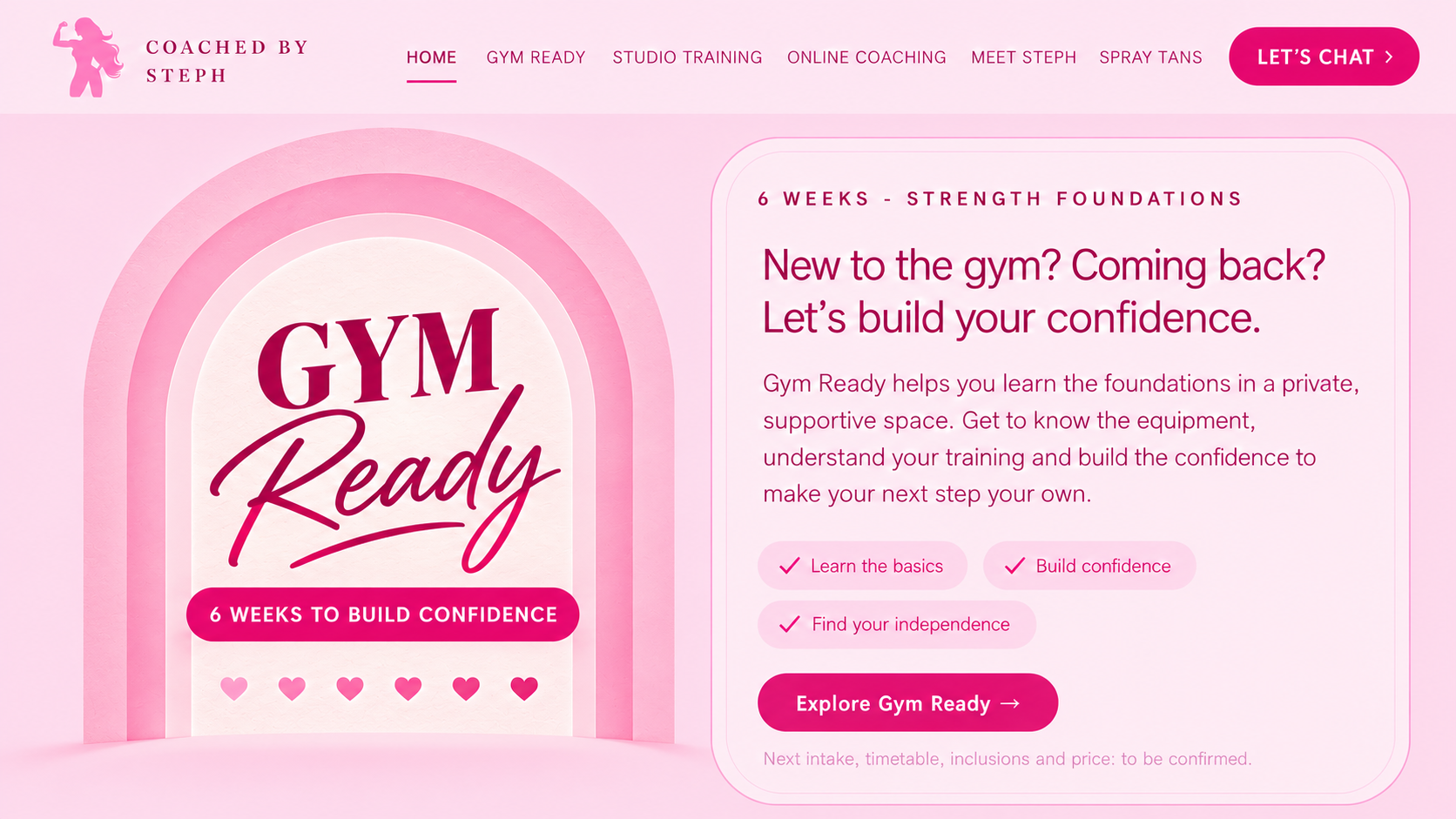 Gym Ready — 6 weeks to build confidence, framed by pink arches and six hearts