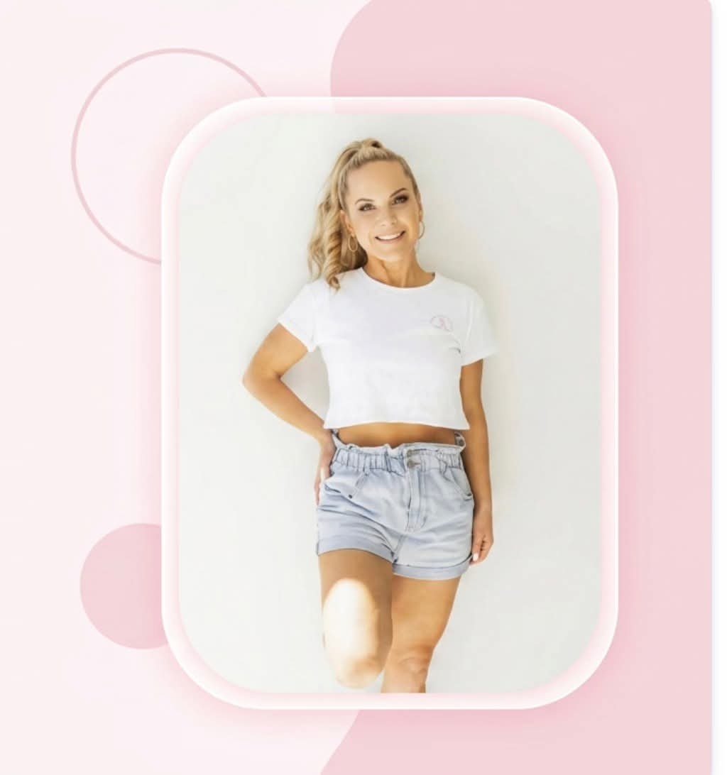 Steph smiling in a white top and denim shorts, surrounded by a soft pink design