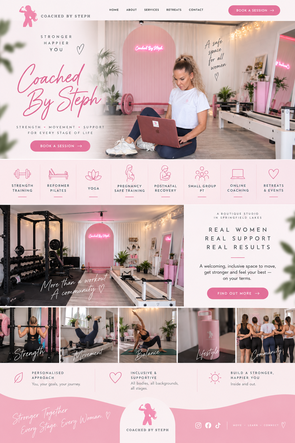 Inside Steph’s boutique studio: dumbbells and a strength rack, a Reformer, mirrors and the pink Coached by Steph arch